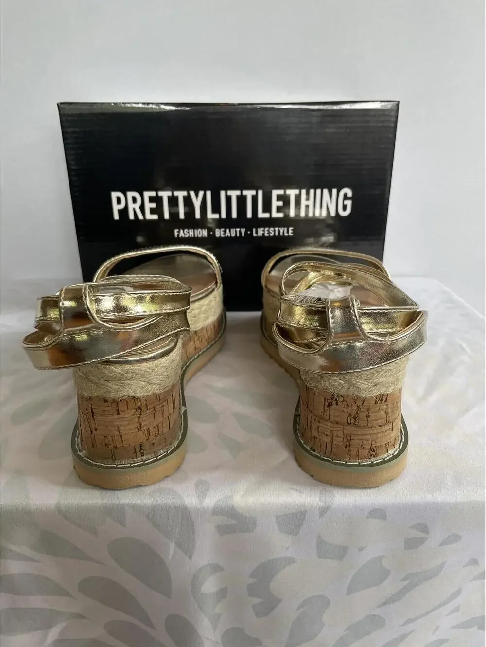 NIB Size 7 Pretty Little Thing Gold Espadrille Lace Up Platform Sandals